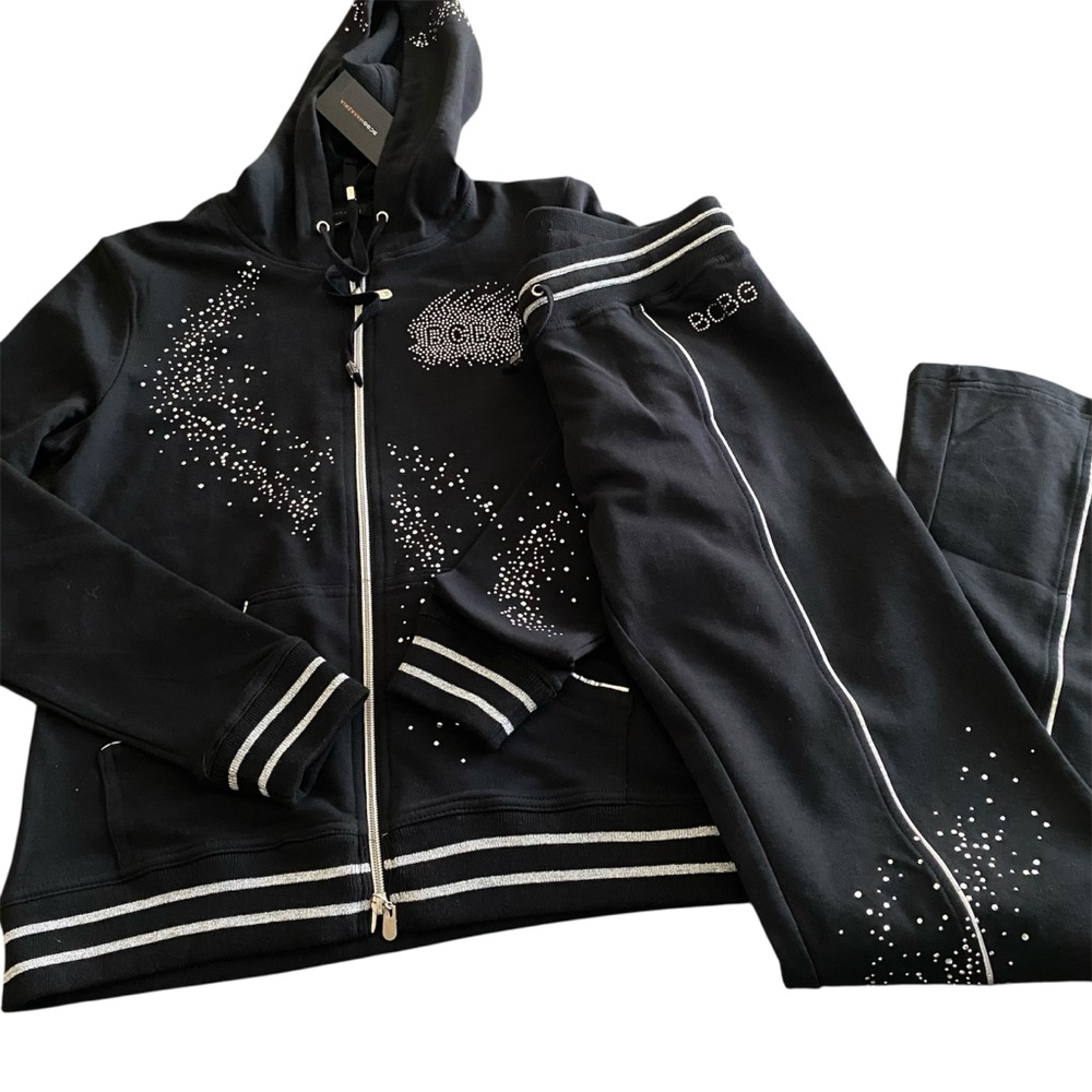NWT‎ BCBG MaxAzria Black and Silver Tracksuit w/ Rhinestone Accents Size M